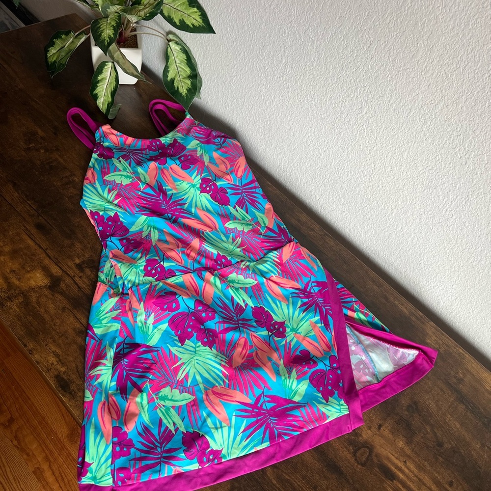 NWT Lands End Colorful Tropical Floral Stretchy One Piece Swim Dress